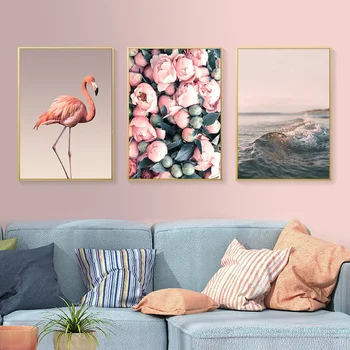 Šiuolaikinės Romantiška Pink Peony Flamingo Meilė Sienos Meno Banga Scena Nuotraukas Drobė Paveikslų Šiaurės Plakatus Spausdina Miegamasis Namų Dekoro