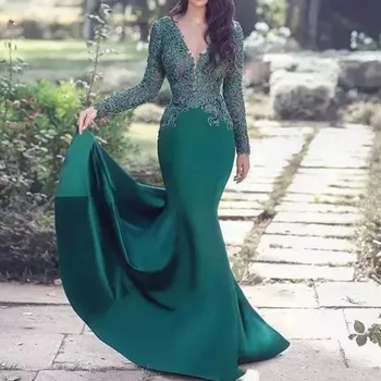 Žalia Musulmonų Vakaro Suknelės 2020 V-kaklo Undinė ilgomis Rankovėmis Nėrinių Islamo Dubajus, Saudo arabų Elegantiškas Ilgas Oficialų Vakare Gown