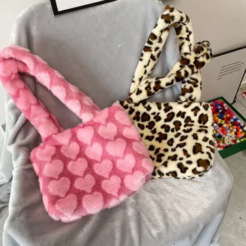 Žiemos naujas mados ita pečių maišą moterų leopard moteris maišo grandinę didelis pliušinis žiemos rankinė krepšys minkštas šiltas kailis krepšys