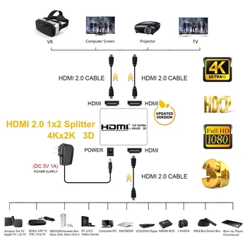 1 2 Iš 4K 60Hz 1x2 2.0 HDMI Splitter Jungiklio Langelį 4K HDMI Splitter 2.0 Su HDCP 1.4 HDMI Splitter 2.0 Projektorius PS4 HDTV
