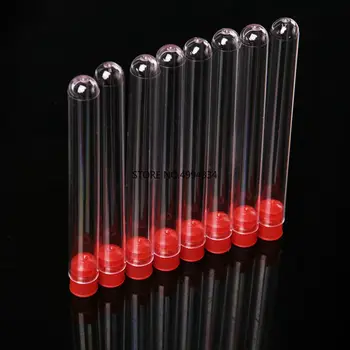 100vnt 15x150mm Aišku, Plastikiniai mėgintuvėliai su mėlyna/raudona kamštis stumti bžūp pobūdžio eksperimentus ir bandymus