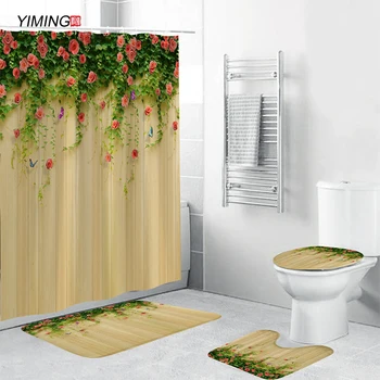 180x180 vonios kambarys dušo užuolaidų komplektas rožių gėlių spausdinti neslidus kilimų nustatyti tualeto sėdynės pagalvėlės dušo užuolaidos ant kabliukų rinkinys