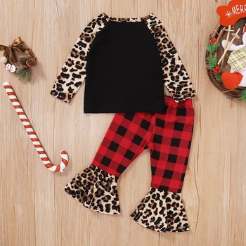 2020 Kalėdų Vaikams Baby Girl 1T-6T Drabužių Rinkiniai ilgomis Rankovėmis Leopard marškinėliai Pledas Blyksnius Ziajać Bell Bottom 2VNT Kalėdos Rinkinys