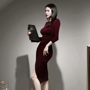 2020 Korėja Ruduo Ilgas Rankovėmis Apvalkalą Bodycon Kelio Ilgis Seksualus Bordo Padalinta Moterų Šalis Suknelė