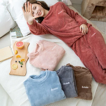 2020 Moterų Žiemą 2 Vnt Pajama Nustatyti, Minkštas Storas Šiltas Koralų Vilnos Sleepwear Aukštos Kokybės Ilgomis Rankovėmis Pižama Namų Loungewear