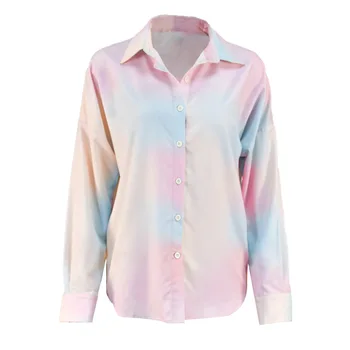 2020 Naujas Kaklaraištis Dažų Spausdinti Marškinėliai Moterims Mados ilgomis Rankovėmis Palaidinės Vieną Krūtinėmis Turn-žemyn Apykaklės Print Multi-color Prarasti Viršų