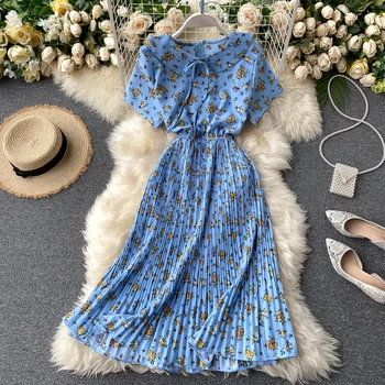 2020 Naujas Vasaros Elegantiškas Moterų Suknelė Lėlės apykaklę, Trumpas rankovės Gėlių Spausdinti Plisuotos Suknelė Moterų Aukšto Juosmens Šifono Šalis Suknelė