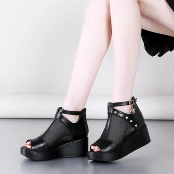 2020 Pleištai Avalynė Moterims Basutės super Aukšti Kulniukai Vasaros Gėlių Išpjovą Batų Vidaus padidinti Platformos Basutės baltos spalvos batai