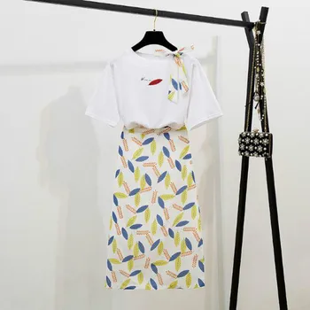 2020 m. Vasarą Moterys Naujas Sijonas ir Top Set peteliškę T-shirt + Lapų Spausdinimo Šifono Sijonas iš Dviejų dalių, Merginos Lady Slim, Sijonai, Komplektai