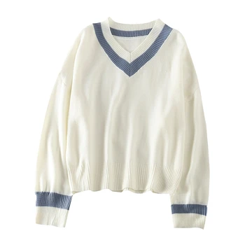 2020 m. rudenį naujų baltas megztinis prarasti preppy kolegijos stilius V-kaklo, ilgomis rankovėmis megztiniai megztinis rudenį 2020 moterų drabužiai