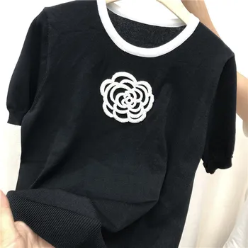 2020 metų Vasaros Mados moterų elegantiškas gėlių trikotažo marškinėliai Topai C010