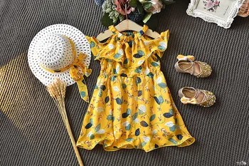 2020 metų Vasaros Mergaitės Mados Šifono Suknelė Nemokamai Skrybėlę Šviežių Atostogų Stilius Vaikų Gėlių Suknelė Vaikų Drabužiai
