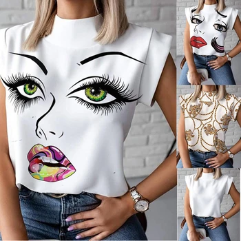 2020 metų Vasaros Paprasta Atsistoti Apykaklės marškinėliai Mados Lūpų Spausdinti Ponios Marškinėliai Topai Atsitiktinis Rankovių Prarasti Moterų marškinėliai