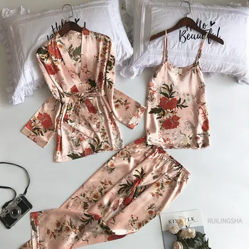 2020 metų Vasaros Rudens Naujas 3 VNT Moterų Pižama Rinkinius, Kelnės Sexy Pyjama Satino Gėlių Spausdinti naktiniai drabužiai Šilko Sleepwear Moterų Pyjama