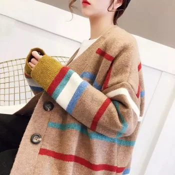 2020 moteriški Megztiniai Rudens Žiemos Atsitiktinis Dryžuotas V-Kaklo, susagstomi megztiniai Mygtuką, susagstomi megztiniai ilgomis Rankovėmis Laisvas Megztinis