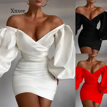 2021 M. Rudens Žiemos Moterų Balta Juoda Satino Korsetas Suknelė Sluoksniuotos Rankovėmis Seksualus Stebėjimo Bodycon Elegantiškas Šalis Mini Suknelės