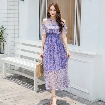 2021 Plius Dydžio Elegantiškas Moteris Korėjos Suknelės, Šaliai Off Peties Seksualus Paplūdimio Vestido 9 Spalvų, Vasaros Gėlių Šifono Boho Midi Suknelė