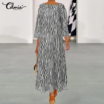 2021 Vasaros Dryžuota Suknelė Celmia Ilgas, Maxi Suknelė Mados Moterų Zebra PrintedCasual Prarasti Blyksnius Rankovėmis Beach Plus Size Vestidos