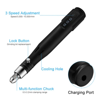 3 Greičiai 15000RPM Reguliuojamas Nešiojamą Mini Electric Drožyba Pen USB Įkrovimo PASIDARYK pats Poliravimo Įrankiai Rinkinys su Rotaciniu grąžtus