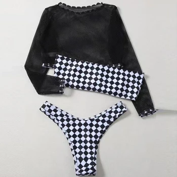 3 dalių tinklelio ilgomis rankovėmis maudymosi kostiumėlį push up Bandeau bikini komplektas Gėlių spausdinti maudymosi kostiumėliai moterims, Styginių mažas juosmens, maudymosi kostiumą Paplūdimio