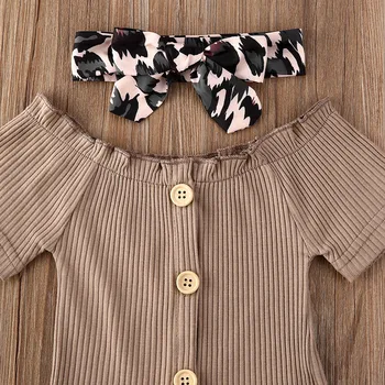 3Pcs Bamblys Baby Girl Vasaros Drabužių trumpomis Rankovėmis Mygtuką Viršūnės T-Shirt+Leopard Šortai, Kelnės+galvos Apdangalai Komplektus 0-18M