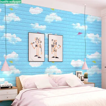 3d PE sienų lipdukai mėlynas dangus, balti debesys dangaus cartoon vaikų kambarys, sodas putų plytų modelis miegamasis lipnios tapetai