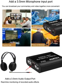 4K TELEVIZIJOS Linijos 1080p HDMI Grafika Capture Card USB 2.0 3.0 Įrašymo Box Žaidimą Live Transliacijos Mic In Audio Out Telefono Vaizdo įrašymas