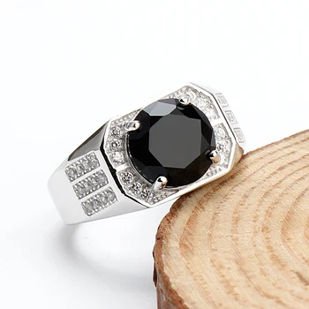 925 Sterlingas Sidabro Vyrų Žiedas su Geometrinių Big Black CZ Stone Paprasta Žiedai su Aiškiai CZ Vyrų Fine Jewelry