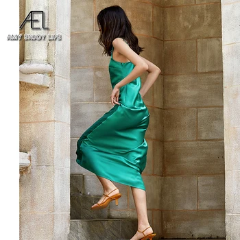 AEL žalia Elegantiškas plonas slidinėti suknelė vasaros Kieto satino slydimo suknelė ilga Šalies Maxi Suknelė 2020 m.