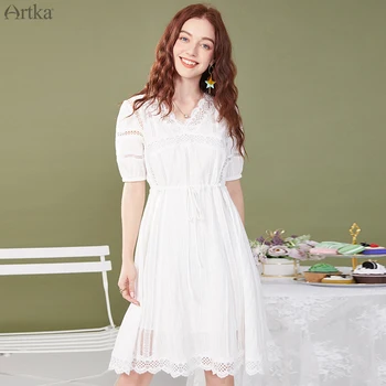 ARTKA 2020 metų Vasaros Naują Moterų Elegantiškas V-Kaklo Balta Nėrinių Suknelė Grynos Medvilnės Tuščiaviduriai Iš Sluoksniuotos Rankovėmis Dviejų dalių Komplektas Suknelės LA25602X
