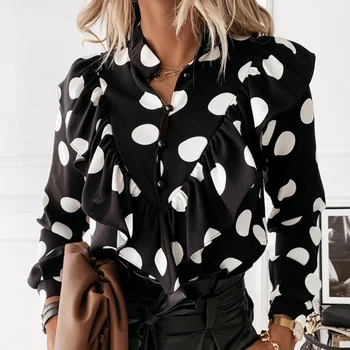Atsitiktinis Leopard Dot Spausdinti Pynimas Palaidinė Marškinėliai Rudens Žiemos Ilgomis Rankovėmis Marškinėliai Moterims Elegantiškas Office Lady V-Kaklo Mygtuką Viršūnes Blusa