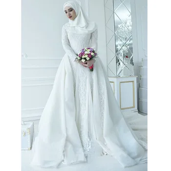 Aukštos Arabų Vestuvių Suknelės Su hijab Duobute ilgomis Rankovėmis Musulmonų Nuotakos Užtrauktukas Atgal Vestuvių Turkijos Rytuose Chalatai vestido de noiva