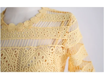 Aukštos Kokybės Geltonos spalvos Nėrinių Ilgas Šalis Suknelė 2019 kilimo ir tūpimo Tako Dizaineris Vasarą Moterys trumpomis Rankovėmis Tuščiaviduriai Iš Sexy Nėrimo office Suknelės