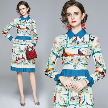Aukštos kokybės 2020 m. rudenį Naujausias kilimo ir tūpimo Tako Dizaineris Suknelė Moterų ilgomis Rankovėmis Turn-žemyn Apykaklės Gyvūnų Spausdinti Suknelė