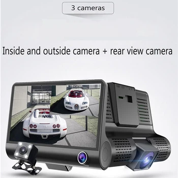 Automobilių DVR 3 Fotoaparatų Full HD 1080P Dual Lens Car DVR Kamera 4.0 colių LCD Ekranas su 170 Laipsnių Galinio vaizdo