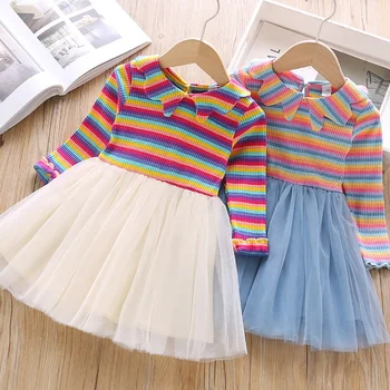 Baby Girl Dress 1-6T Mielas Pyplys Vaikus Naują Pavasario Mergaitės Cute Stripes Spausdinti Akių Susiuvimo Princesė ilgomis Rankovėmis Suknelė