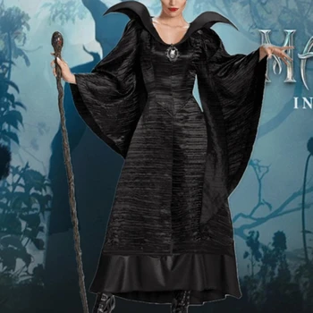 Bazzery Moterų Plius Dydis Helovinas Filmą Deluxe Juoda Ilga Suknelė Blogio Karalienė Ragana Dress Cosplay Kostiumas Šalis su Ragų Vinjetė