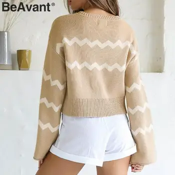 BeAvant Atsitiktinis o-kaklo megztinis džemperis moterims Juostele spausdinti ponios megztinis megztinis 2019 m. Rudenį, žiemą blyksnius rankovės moterų megztinis