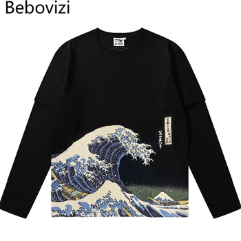 Bebovizi 2020 Streetwear Japonijos Stiliaus Bangos Print T Marškiniai Vyrai Medvilnės Kratinys Long Sleeve T-shirts Hip-Hop Negabaritinių Viršūnes Tees