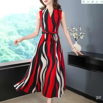 Berankovis Suknelė Moterims Vasaros 2020 V-neck Slim Aukšto Juosmens Varčias Ilgas Dryžuotas Švytuoklės Šifono Suknelė