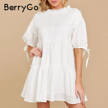 BerryGo siuvinėjimo nėrinių lankas balta suknelė moterims vasaros paplūdimio derliaus suknelės raukiniai trumpas sluoksniuotos ponios šalis suknelė vestidos
