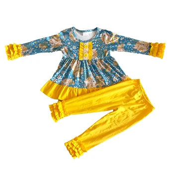 Boutique didmeninė vaikų mados rudenį drabužių baby girl blue viršų ir geltonos kelnės nustatyti mergina gėlių modelio apranga su pynimas