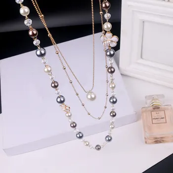 Camellia papuošalai, prabangūs žinomų prekės ženklų ilgio perlų colares collier neckless rožių gėlių karoliai collares mujer perle moteris