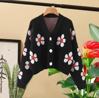 Cardigan megztinis moterims prarasti rudenį, žiemą išorinis dėvi baltos spalvos trumpą single-breasted v-kaklo, megzti megztinis švarkas