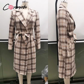 Conmoto Streetwear ilgomis rankovėmis varčias, paltai moterims, Elegantiška rudens žiemos pledas švarkas 2020 m. 