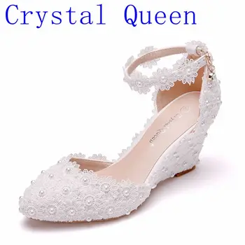 Crystal Karalienė Nėrinių 8CM Pleištai Kulno Moteris Vestuvių Batai Nuotaka Balta Nėrinių Saldus Bridesmaid Nuotakos Siurbliai Platforma