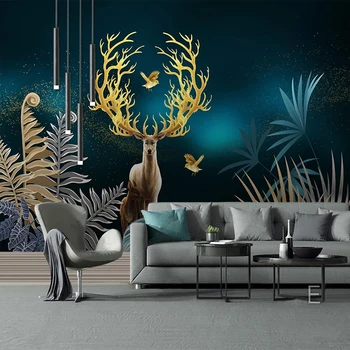 Custom 3D Foto Tapetai, Freskos Europos Stiliaus Kūrybos Rankomis Dažyti Tropinių Augalų Lapai Auksiniai Briedžių Fono Sienos Meno Dekoro