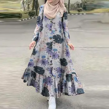 Derliaus Patikrinti Musulmonų Suknelė Moterų Rudenį Sundress 2021 ZANZEA Atsitiktinis ilgomis Rankovėmis Pynimas Vestidos Moterų Mygtuką Spausdinti Skraiste, 5XL