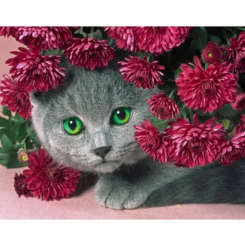 Diamond Siuvinėjimo Gėlių Katė 5D 
