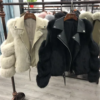 Dirbtiniais fox fur coat mados fox odinė striukė kailis prabanga moterų motociklų aprangos 2020 m. žiemos naujas